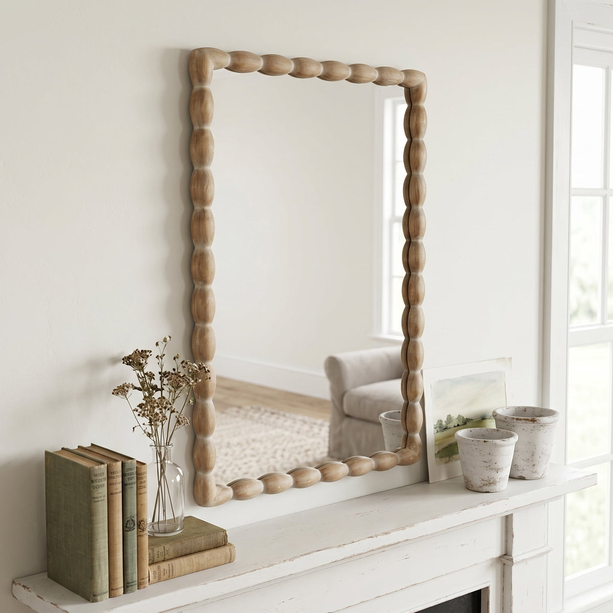 24" x 36" Rectangle Wall Mirror, Beaded Carved Solid Wood Frame, Rustic Farmhouse Decor