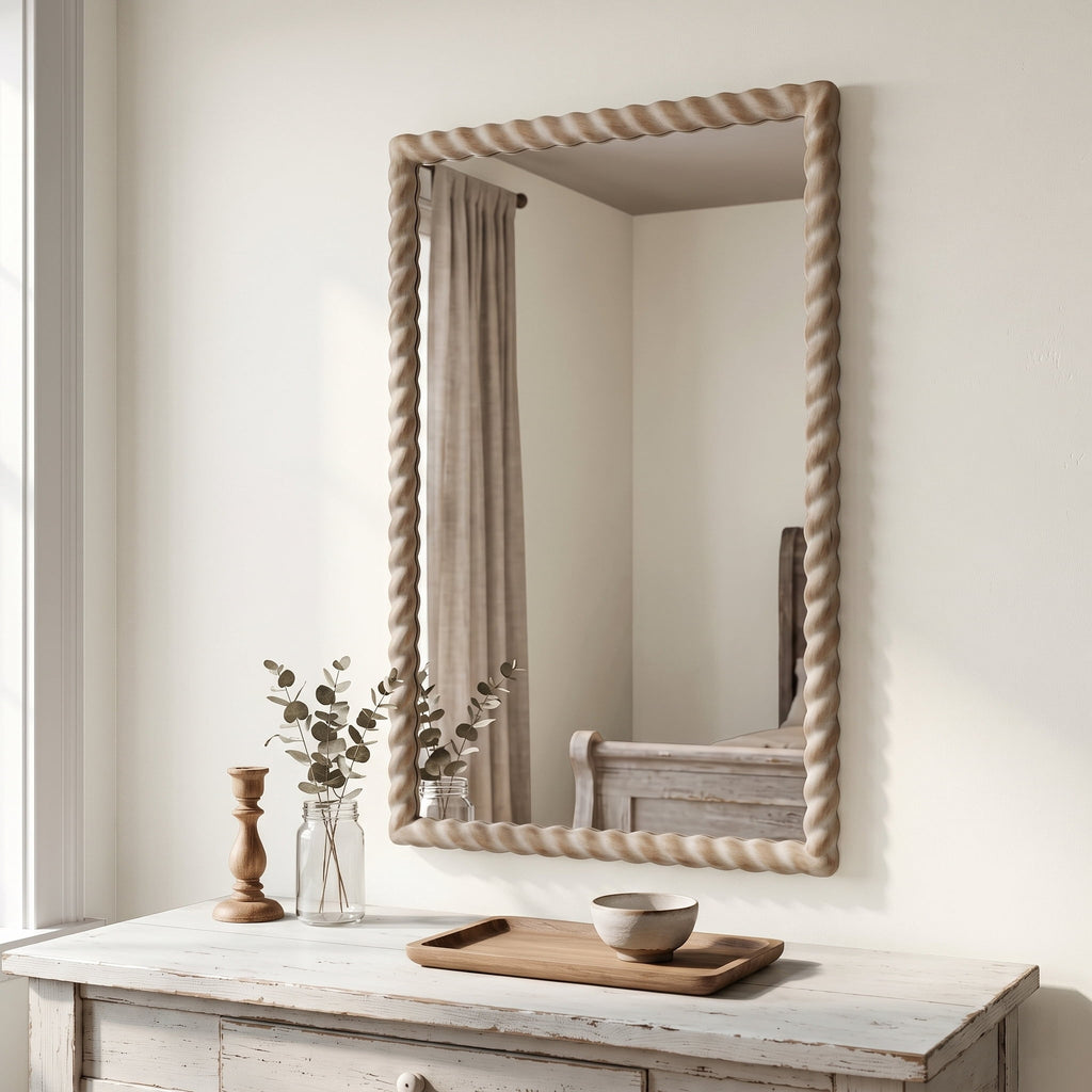 SANGNI 36"x24" Rectangle Rustic Farmhouse Wall Mirror with Twisted Rope Carved Wood Frame