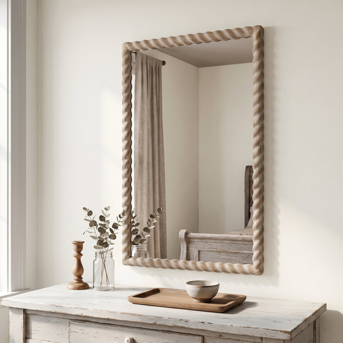 SANGNI 36"x24" Rectangle Rustic Farmhouse Wall Mirror with Twisted Rope Carved Wood Frame