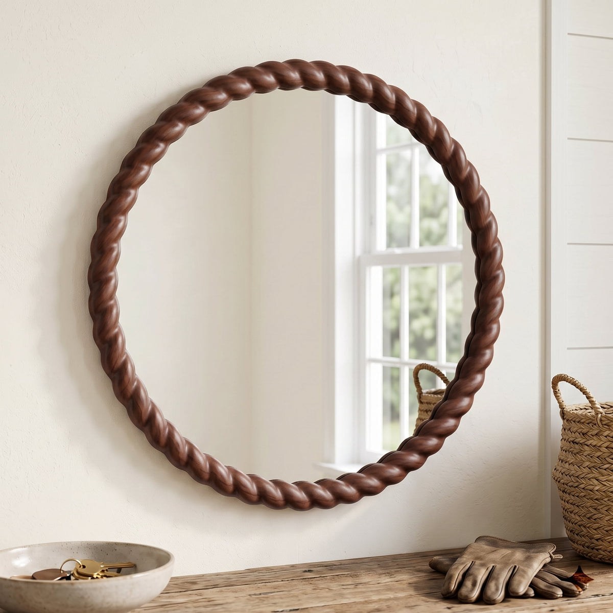 SANGNI 24" Round Wall Mirror, Rustic Walnut Solid Wood Frame, Farmhouse Wall Mounted