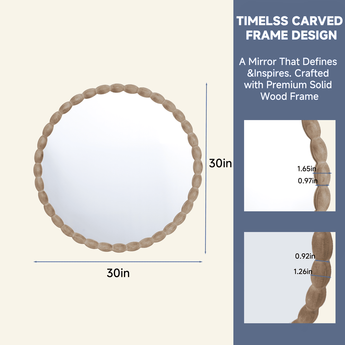 30" Round Solid Wood Wall Mirror with Carved Beaded Frame for Vanity, Entryway & Living Room
