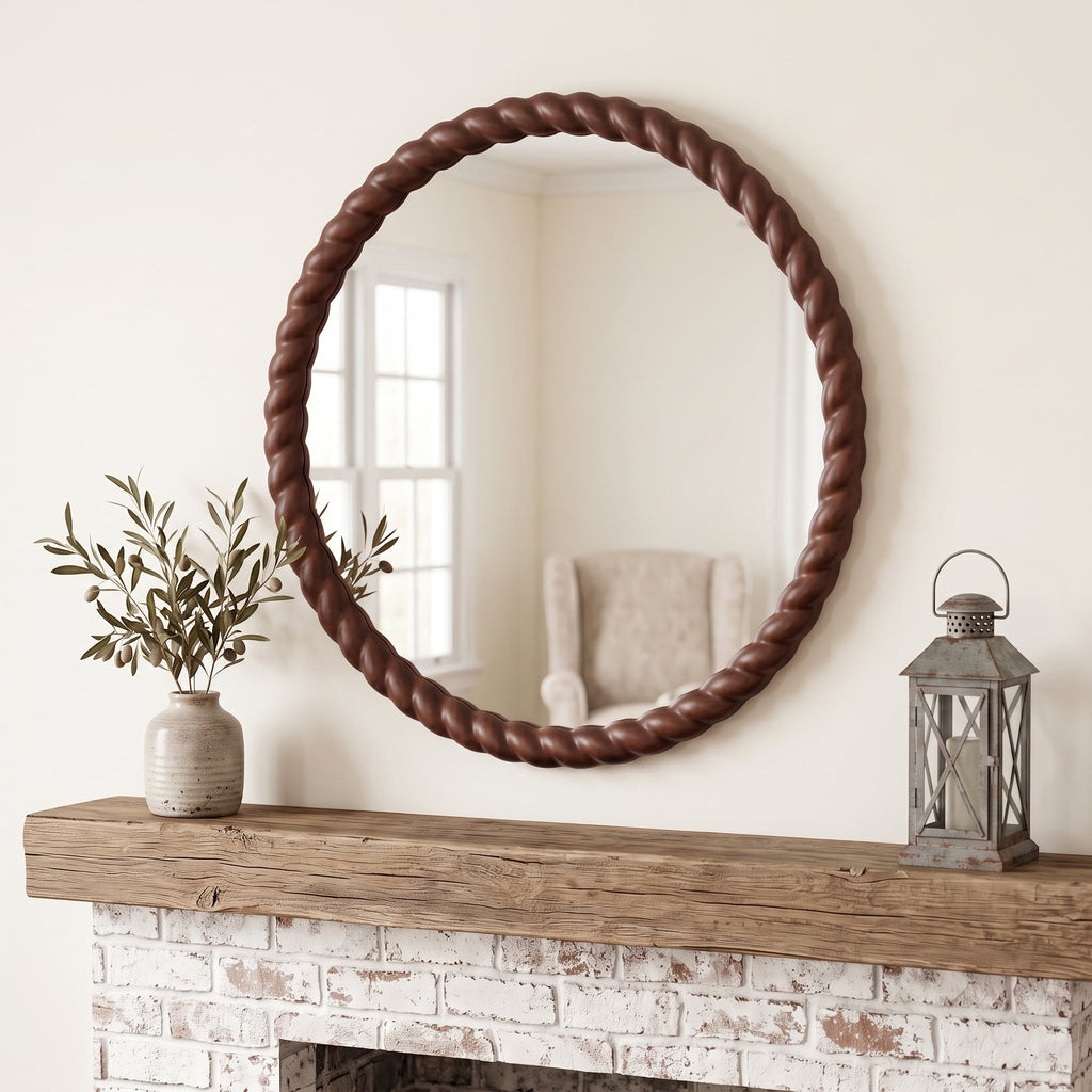 SANGNI 24" Round Wall Mirror, Rustic Walnut Solid Wood Frame, Farmhouse Wall Mounted
