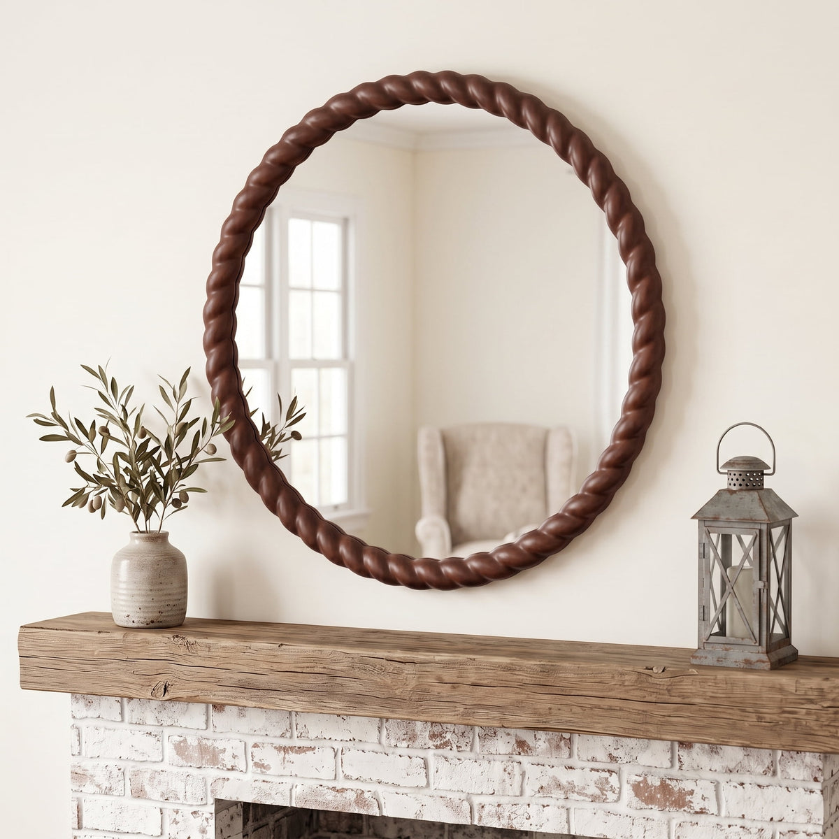 SANGNI 24" Round Wall Mirror, Rustic Walnut Solid Wood Frame, Farmhouse Wall Mounted