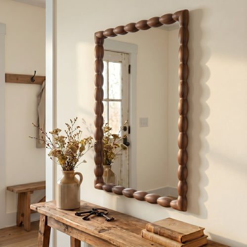 24" x 36" Rectangle Wall Mirror, Carved Beaded Solid Wood Frame, Farmhouse Decor