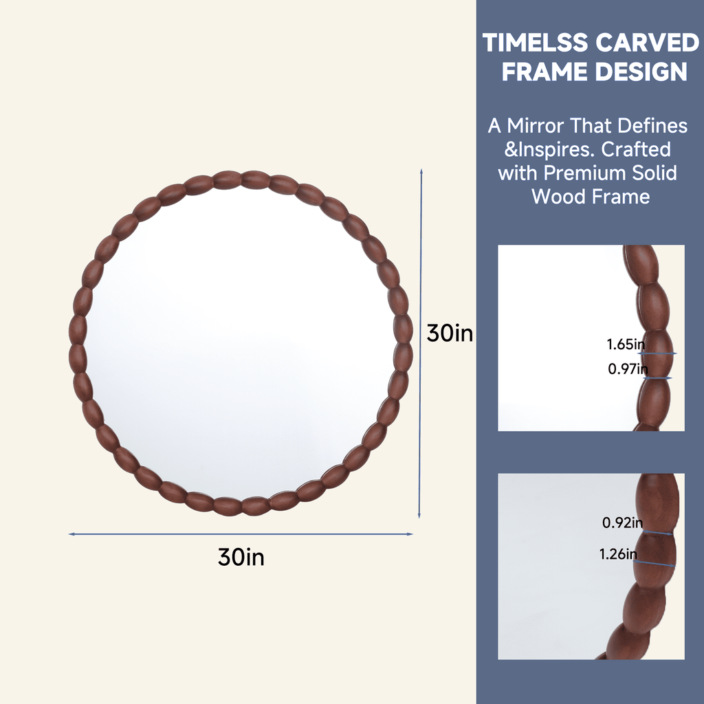 30" Round Wall Mirror, Carved Beaded Solid Wood Frame, Farmhouse Decor