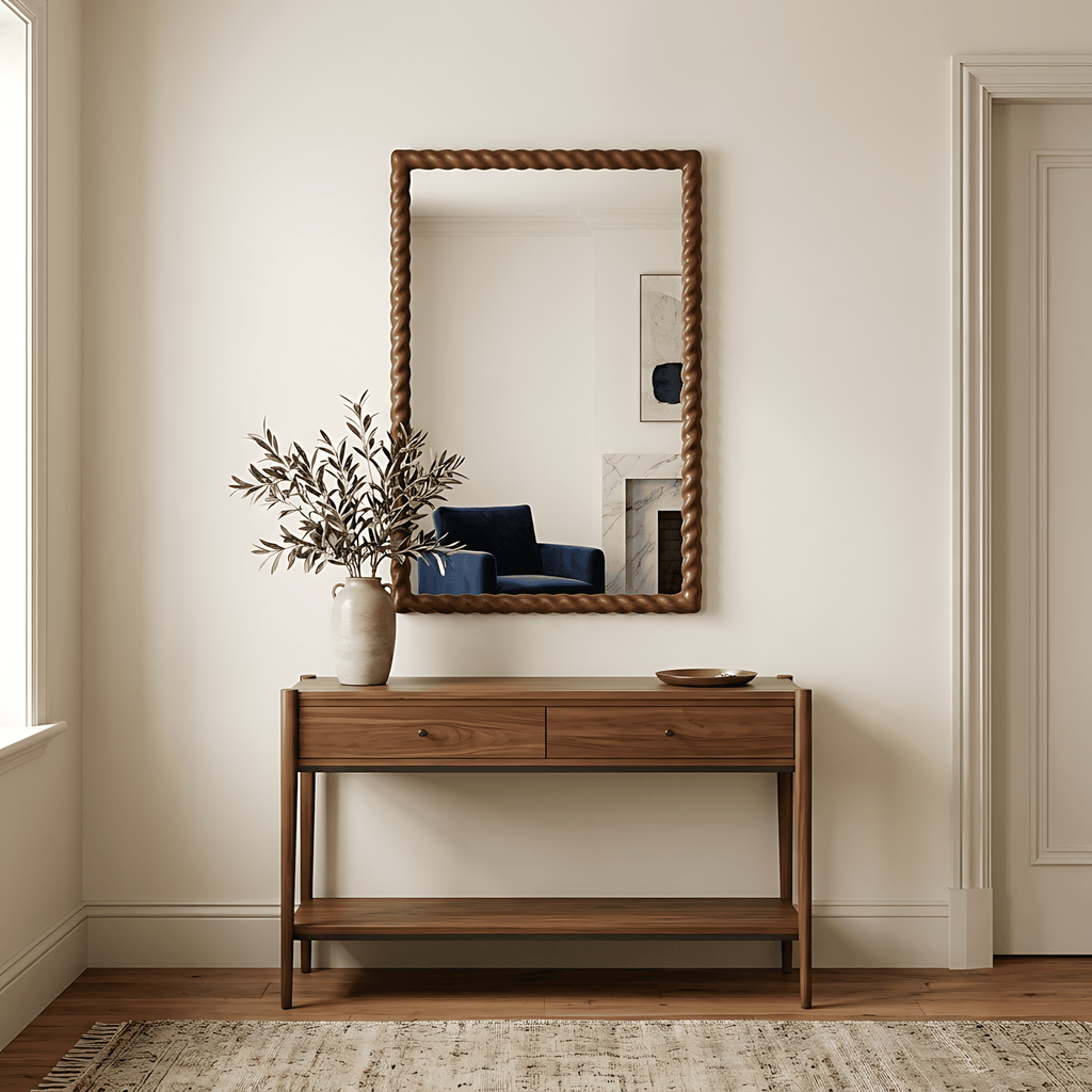 36"x24" Rectangle Rustic Farmhouse Wall Mirror with Twisted Rope Carved Wood Frame