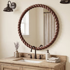SANGNI 24" Round Wall Mirror, Rustic Walnut Solid Wood Frame, Farmhouse Wall Mounted