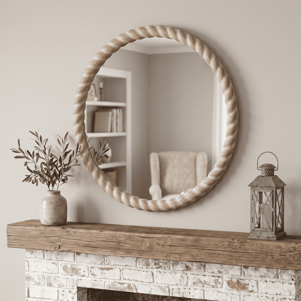 SANGNI Rope Carved Wood 24" x 24" Weathered Natural Rustic Farmhouse Wall Mirror