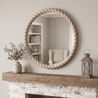 SANGNI Rope Carved Wood 24" x 24" Weathered Natural Rustic Farmhouse Wall Mirror