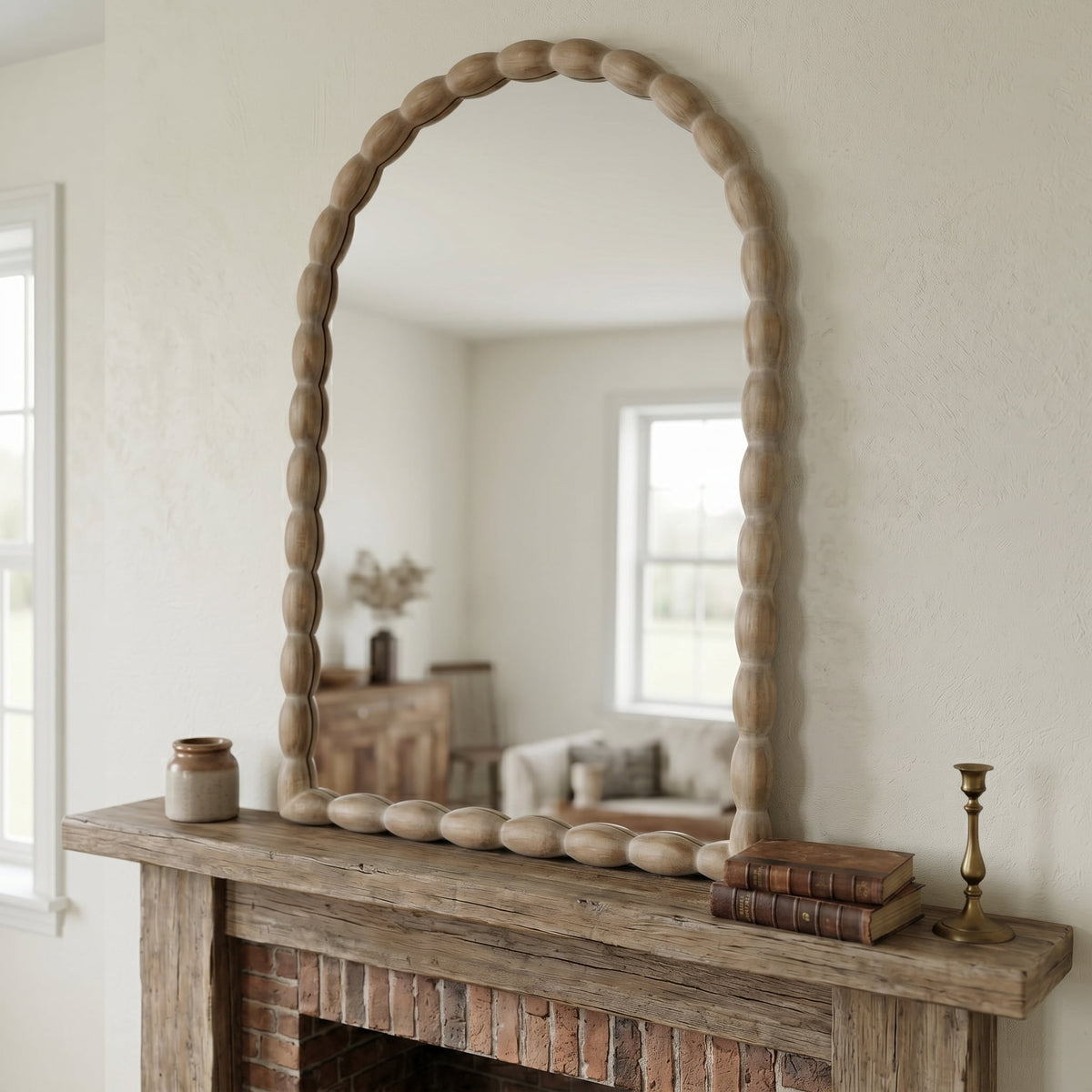 24"x36" Farmhouse Arched Wall Mirror with Solid Wood Beaded Frame for Living Room & Bedroom