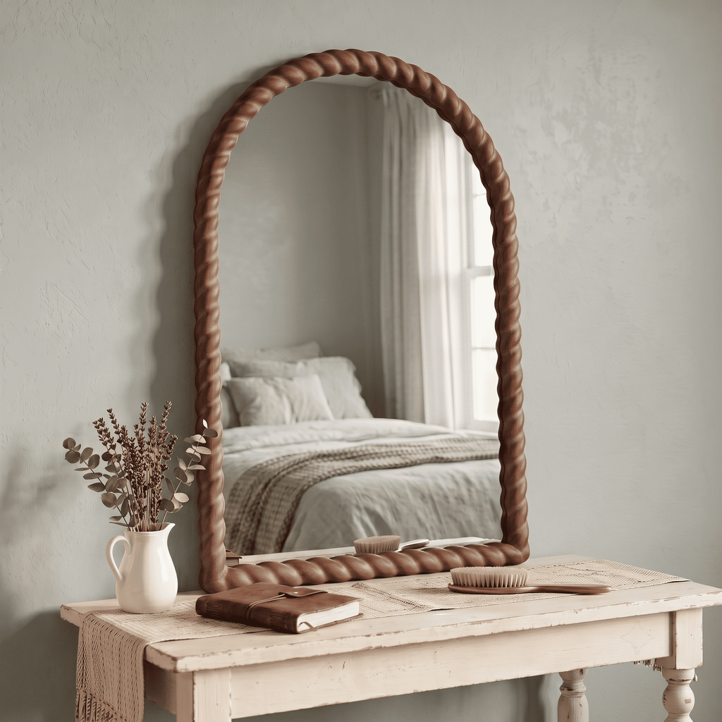 SANGNI 36" x 24" Arched Wall Mirror, Rustic Walnut Solid Wood Rope Carved Frame, Farmhouse Decor