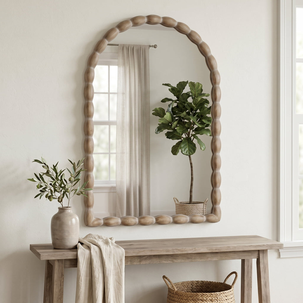 24"x36" Farmhouse Arched Wall Mirror with Solid Wood Beaded Frame for Living Room & Bedroom