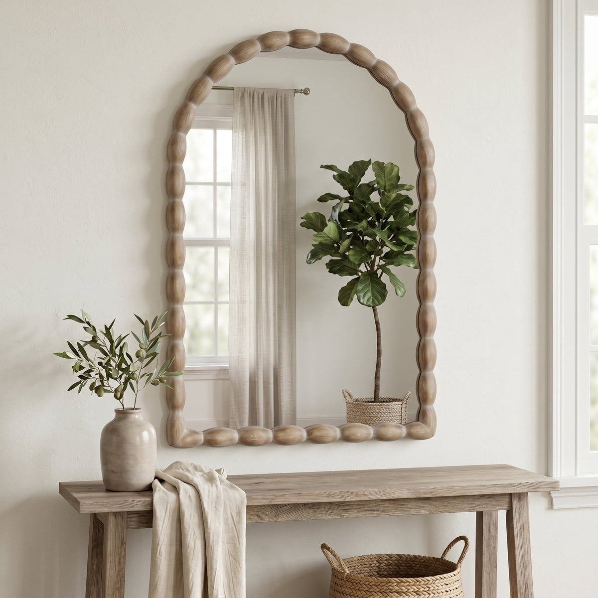 24"x36" Farmhouse Arched Wall Mirror with Solid Wood Beaded Frame for Living Room & Bedroom