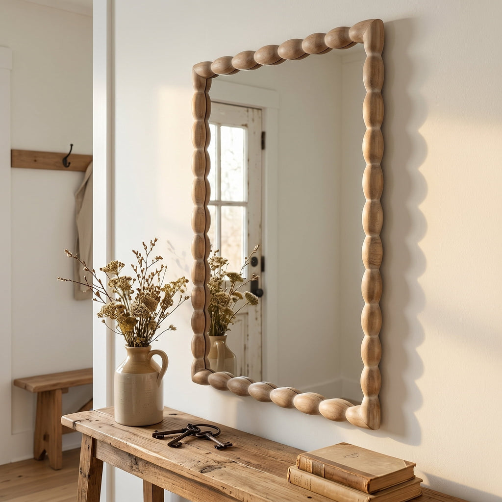 24" x 36" Rectangle Wall Mirror, Beaded Carved Solid Wood Frame, Rustic Farmhouse Decor