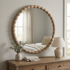 30" Round Solid Wood Wall Mirror with Carved Beaded Frame for Vanity, Entryway & Living Room