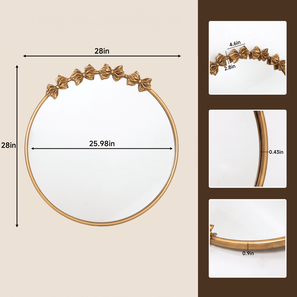 Sangni 28" x 28" Antique Hand Applied Gold Leafing French Country Accent Metal Round Wall Mirror with Hand-Sculpted Bow Frame