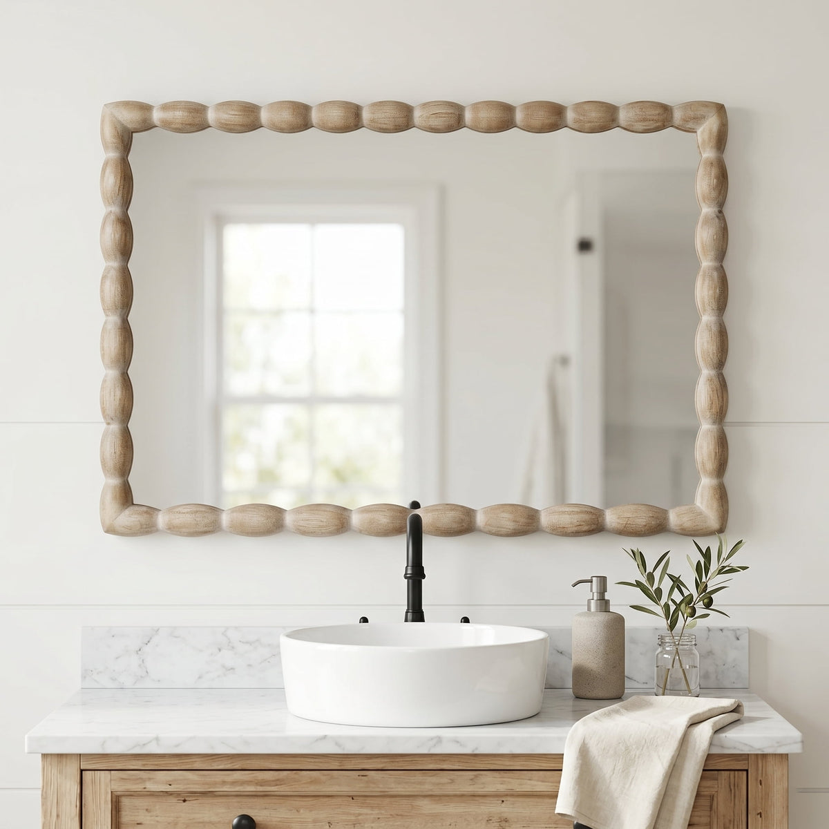 24" x 36" Rectangle Wall Mirror, Beaded Carved Solid Wood Frame, Rustic Farmhouse Decor