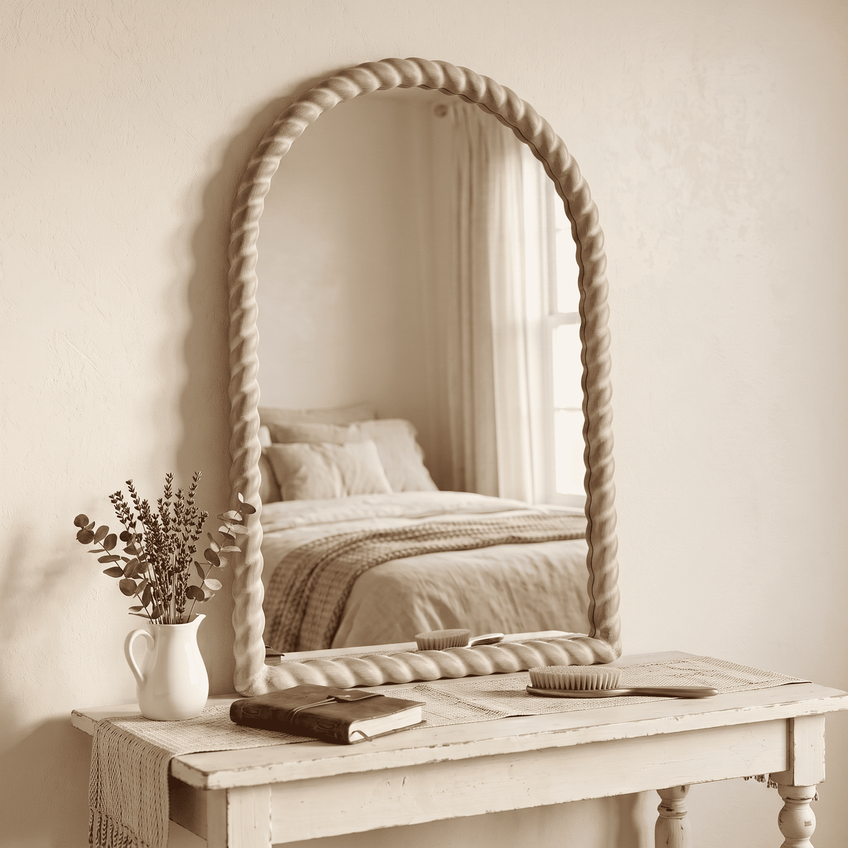 36"x24" Arched Rustic Farmhouse Wall Mirror with Twisted Rope Carved Wood Frame