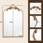 Sangni 36" x 24" Hand-applied Antique Gold Leaf Arched Wall Mirror with Ribbon Bow Crest and Beaded Metal Frame