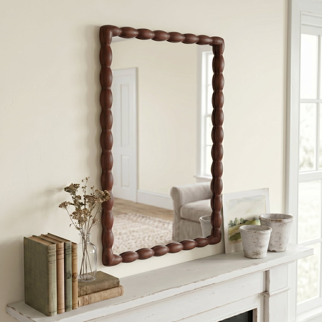 24" x 36" Rectangle Wall Mirror, Carved Beaded Solid Wood Frame, Farmhouse Decor