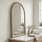 24"x36" Farmhouse Arched Wall Mirror with Solid Wood Beaded Frame for Living Room & Bedroom