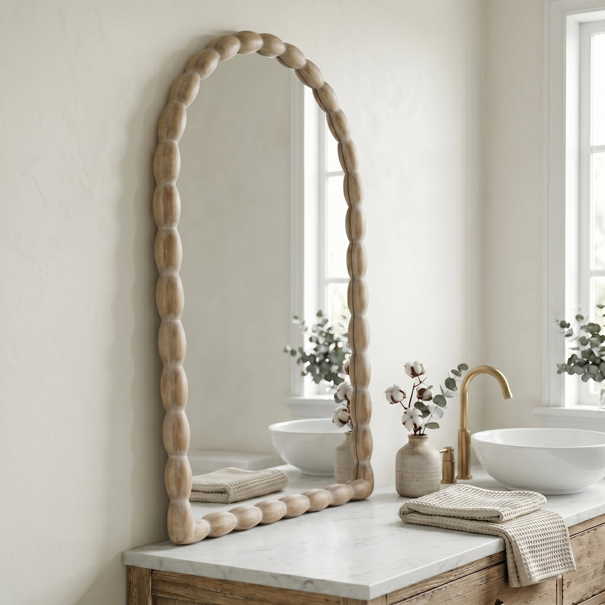 24"x36" Farmhouse Arched Wall Mirror with Solid Wood Beaded Frame for Living Room & Bedroom