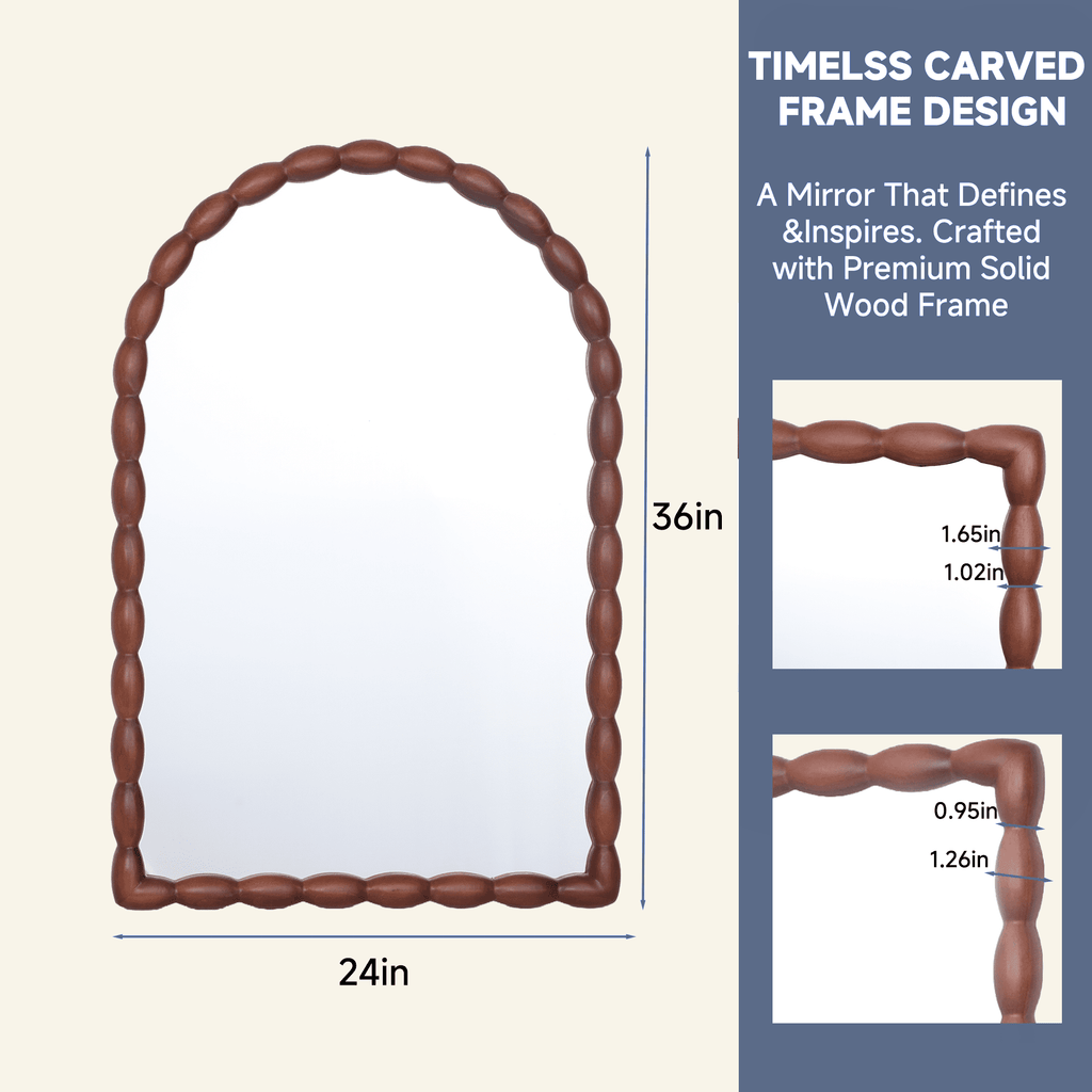 SANGNI Carved Beaded Solid Wood Arched 36" x 24" Rustic Walnut Farmhouse Wall Mirror