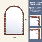 SANGNI Carved Beaded Solid Wood Arched 36" x 24" Rustic Walnut Farmhouse Wall Mirror