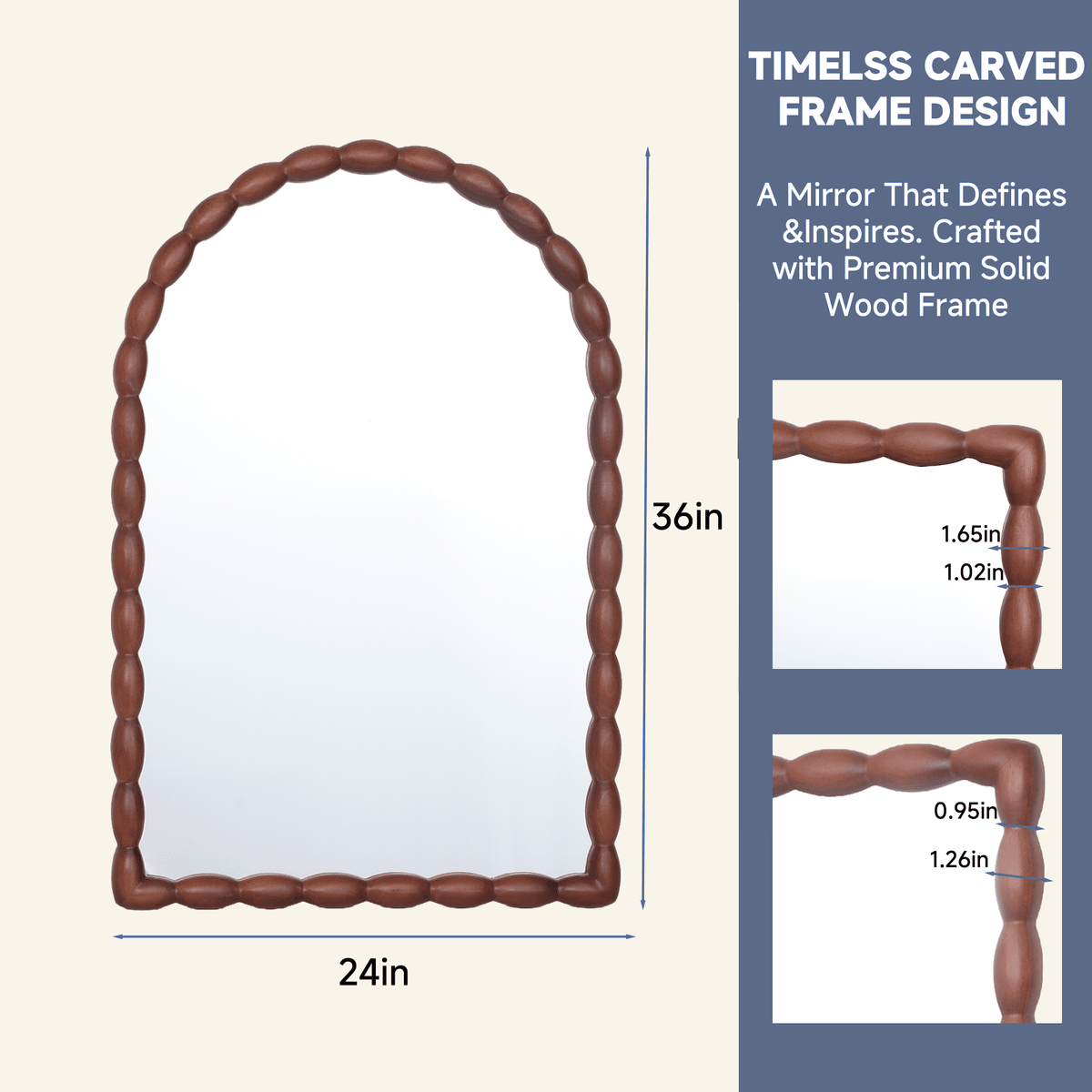 SANGNI Carved Beaded Solid Wood Arched 36" x 24" Rustic Walnut Farmhouse Wall Mirror