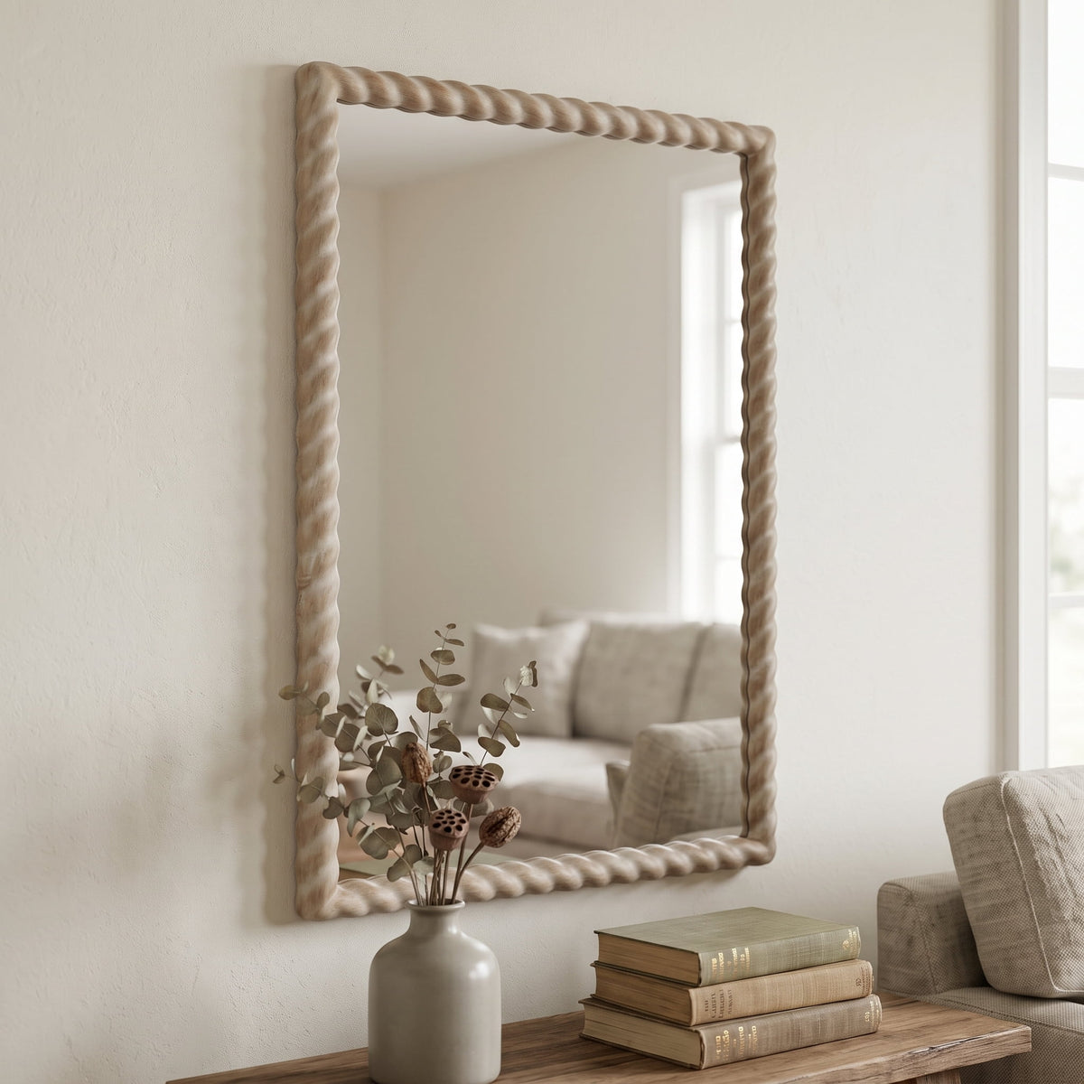 SANGNI 36"x24" Rectangle Rustic Farmhouse Wall Mirror with Twisted Rope Carved Wood Frame