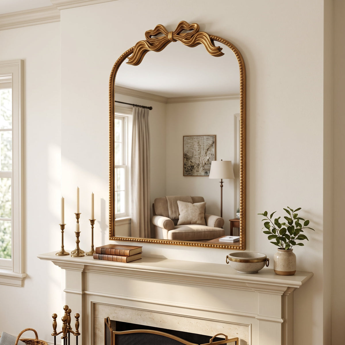 Sangni 36" x 24" Hand-applied Antique Gold Leaf Arched Wall Mirror with Ribbon Bow Crest and Beaded Metal Frame