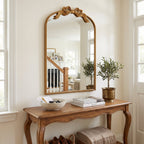 Sangni 36" x 24" Hand-applied Antique Gold Leaf Arched Wall Mirror with Ribbon Bow Crest and Beaded Metal Frame