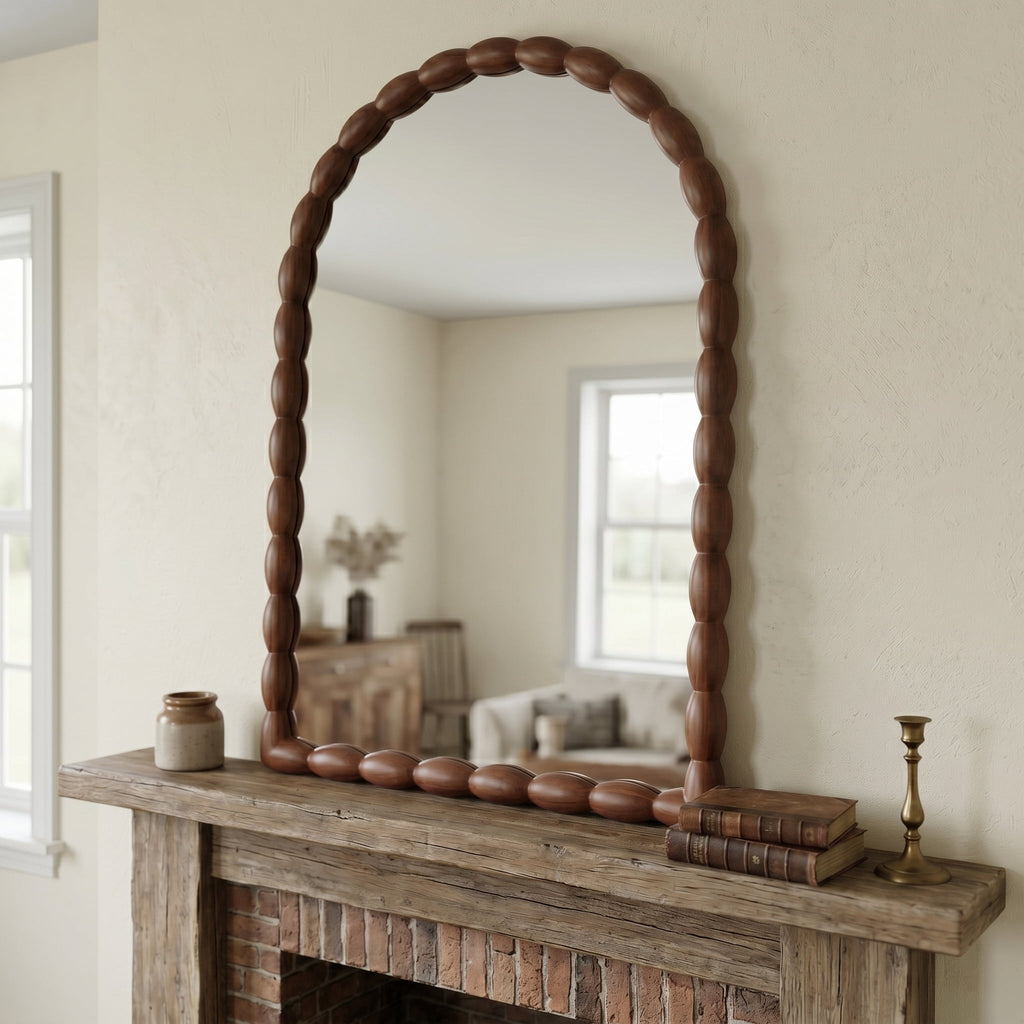 SANGNI Carved Beaded Solid Wood Arched 36" x 24" Rustic Walnut Farmhouse Wall Mirror
