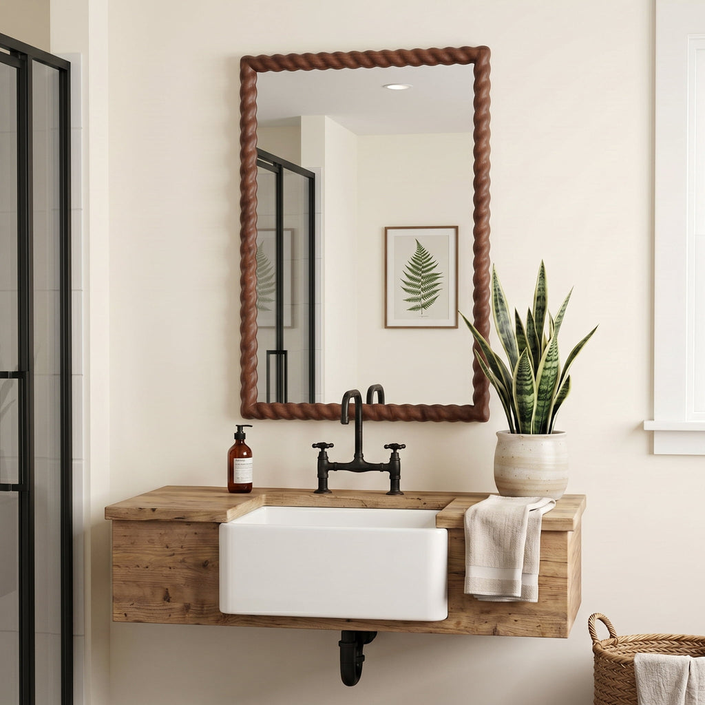 36"x24" Rectangle Rustic Farmhouse Wall Mirror with Twisted Rope Carved Wood Frame