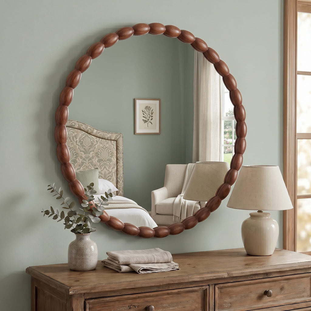 30" Round Wall Mirror, Carved Beaded Solid Wood Frame, Farmhouse Decor