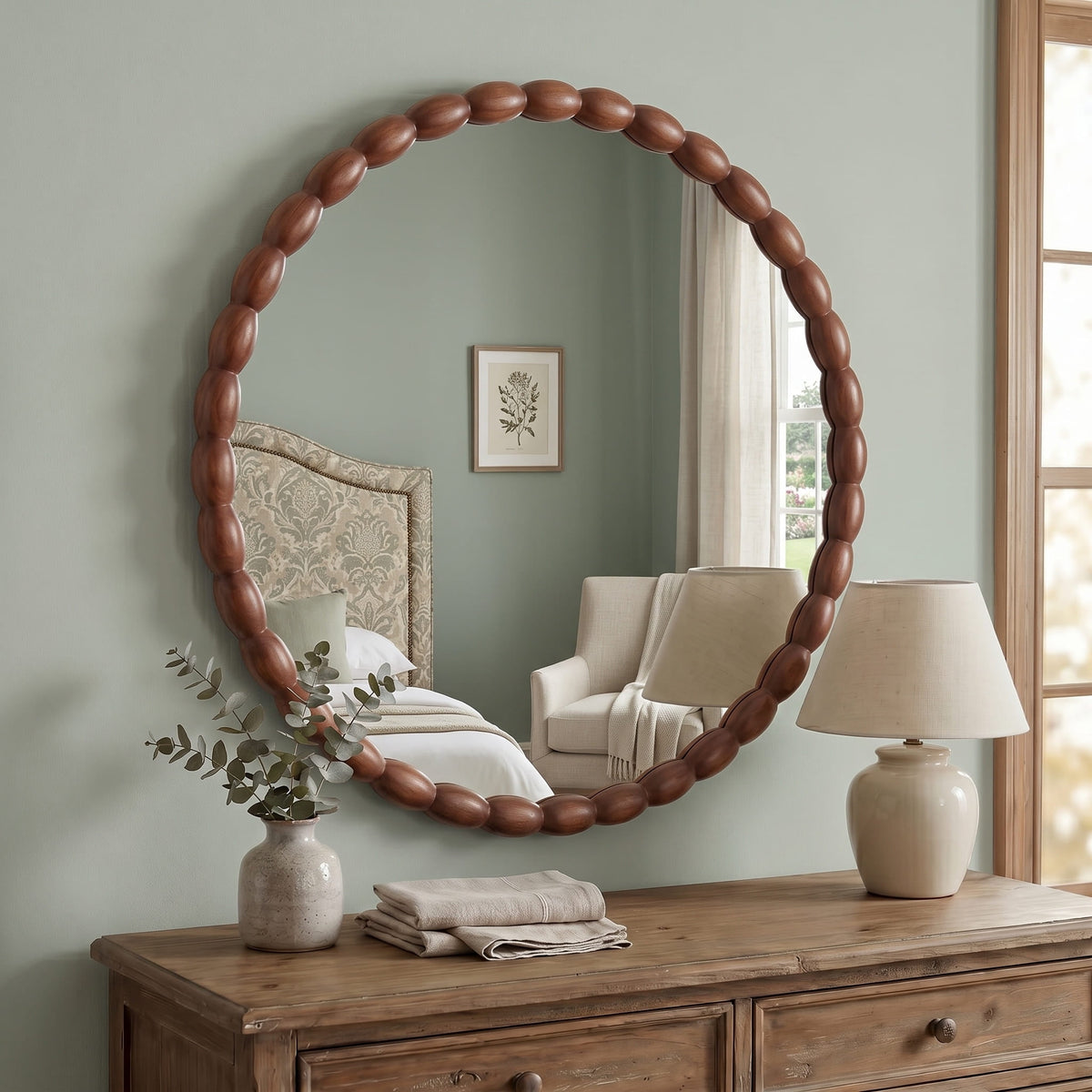 30" Round Wall Mirror, Carved Beaded Solid Wood Frame, Farmhouse Decor