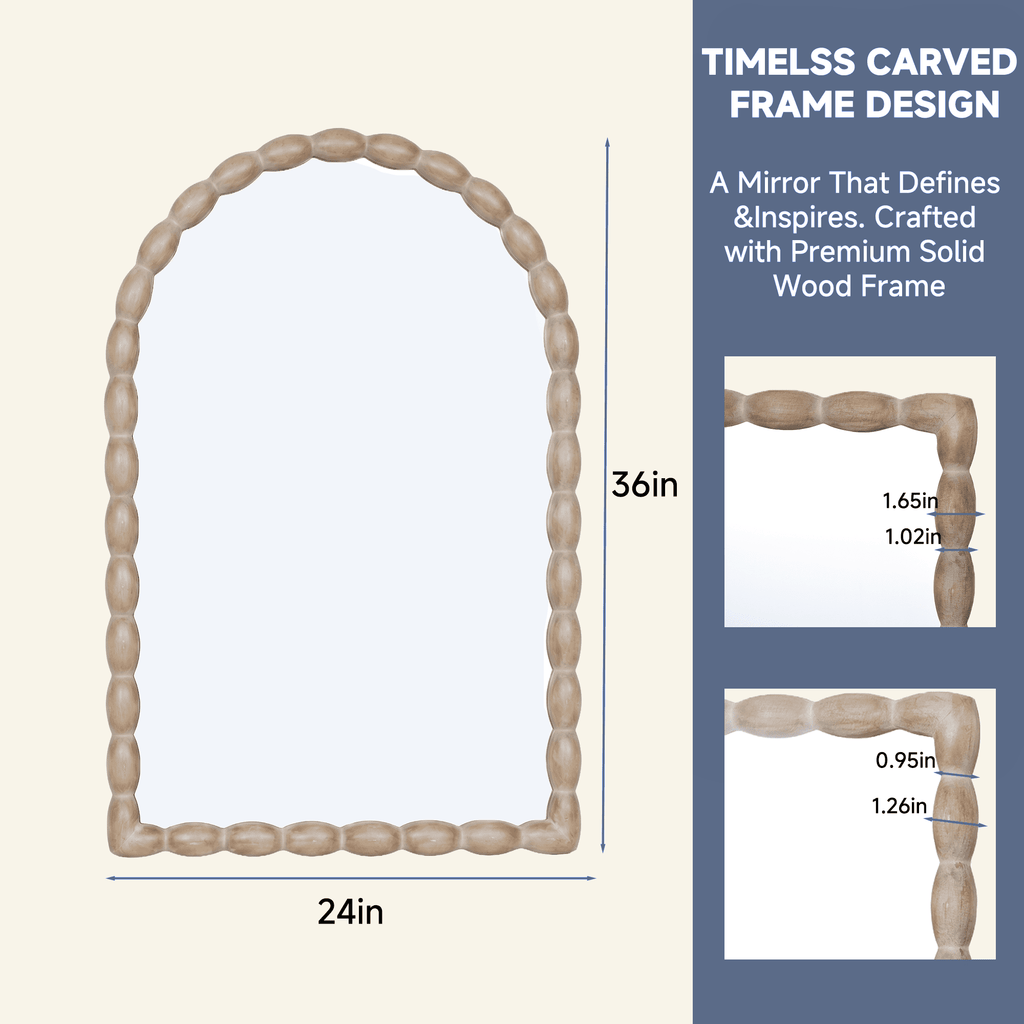 24"x36" Farmhouse Arched Wall Mirror with Solid Wood Beaded Frame for Living Room & Bedroom