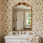 Sangni 36" x 24" Hand-applied Antique Gold Leaf Arched Wall Mirror with Ribbon Bow Crest and Beaded Metal Frame