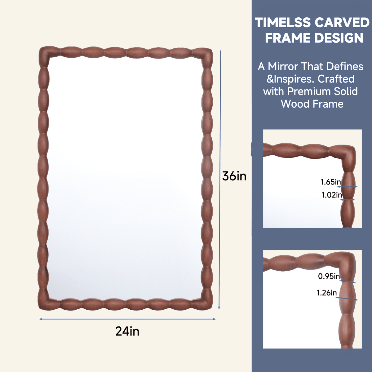 24" x 36" Rectangle Wall Mirror, Carved Beaded Solid Wood Frame, Farmhouse Decor