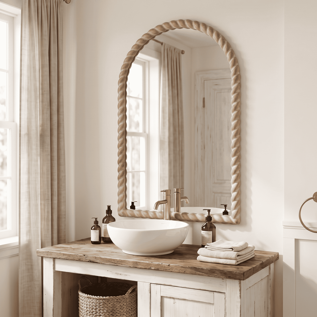 36"x24" Arched Rustic Farmhouse Wall Mirror with Twisted Rope Carved Wood Frame