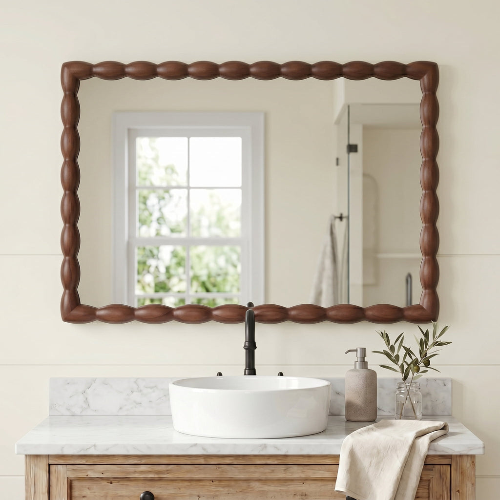 24" x 36" Rectangle Wall Mirror, Carved Beaded Solid Wood Frame, Farmhouse Decor