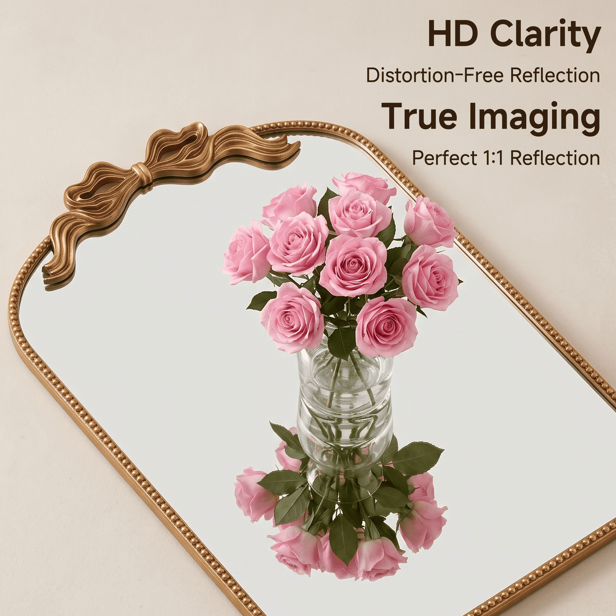 Sangni 36" x 24" Hand-applied Antique Gold Leaf Arched Wall Mirror with Ribbon Bow Crest and Beaded Metal Frame