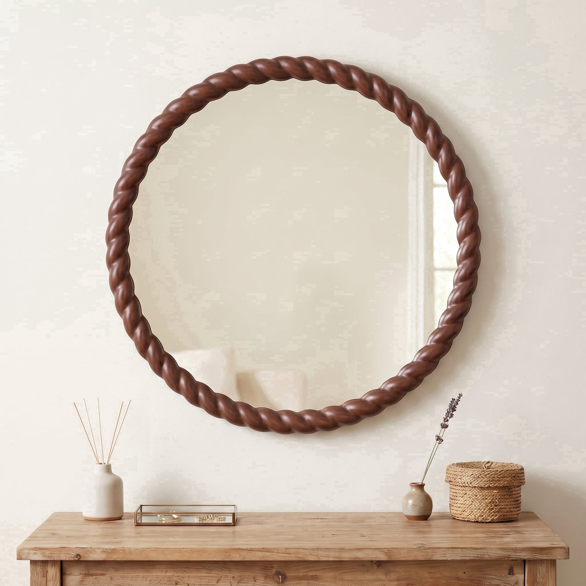 SANGNI 24" Round Wall Mirror, Rustic Walnut Solid Wood Frame, Farmhouse Wall Mounted