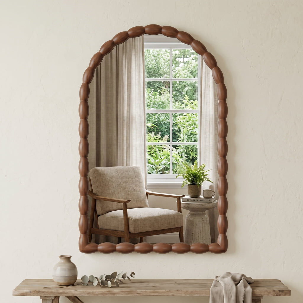 SANGNI Carved Beaded Solid Wood Arched 36" x 24" Rustic Walnut Farmhouse Wall Mirror