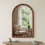 SANGNI Carved Beaded Solid Wood Arched 36" x 24" Rustic Walnut Farmhouse Wall Mirror