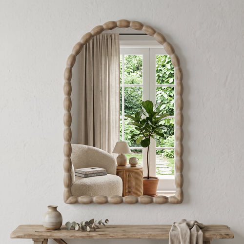 24"x36" Farmhouse Arched Wall Mirror with Solid Wood Beaded Frame for Living Room & Bedroom