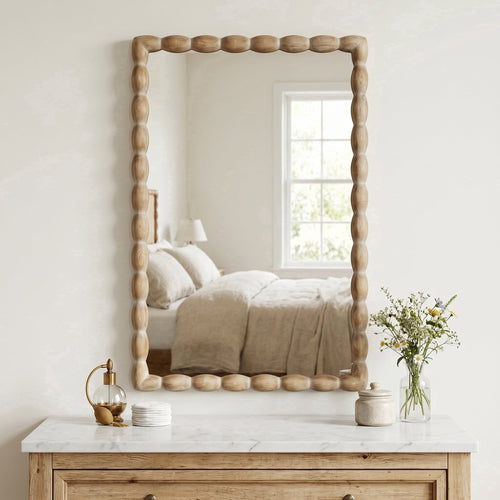 24" x 36" Rectangle Wall Mirror, Beaded Carved Solid Wood Frame, Rustic Farmhouse Decor