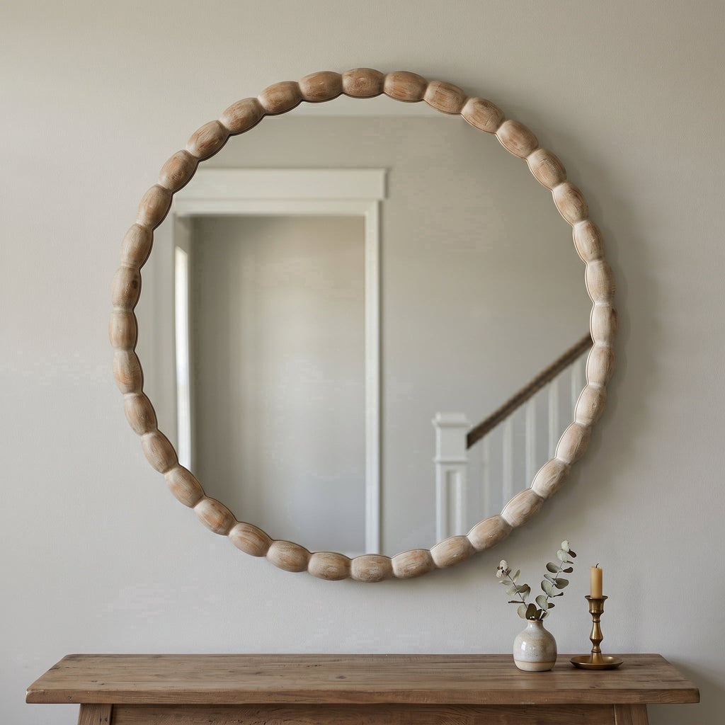30" Round Solid Wood Wall Mirror with Carved Beaded Frame for Vanity, Entryway & Living Room