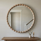 30" Round Solid Wood Wall Mirror with Carved Beaded Frame for Vanity, Entryway & Living Room