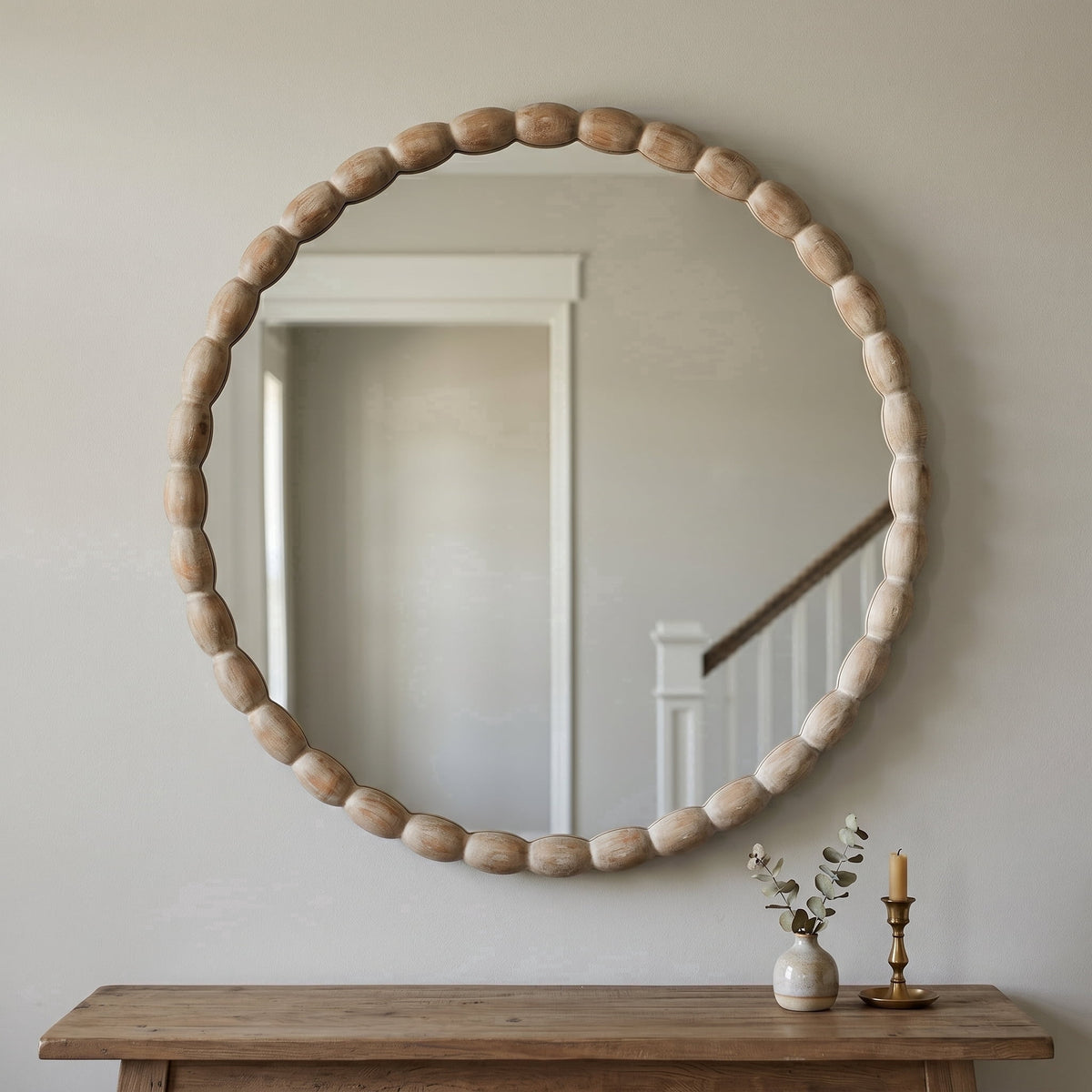 30" Round Solid Wood Wall Mirror with Carved Beaded Frame for Vanity, Entryway & Living Room